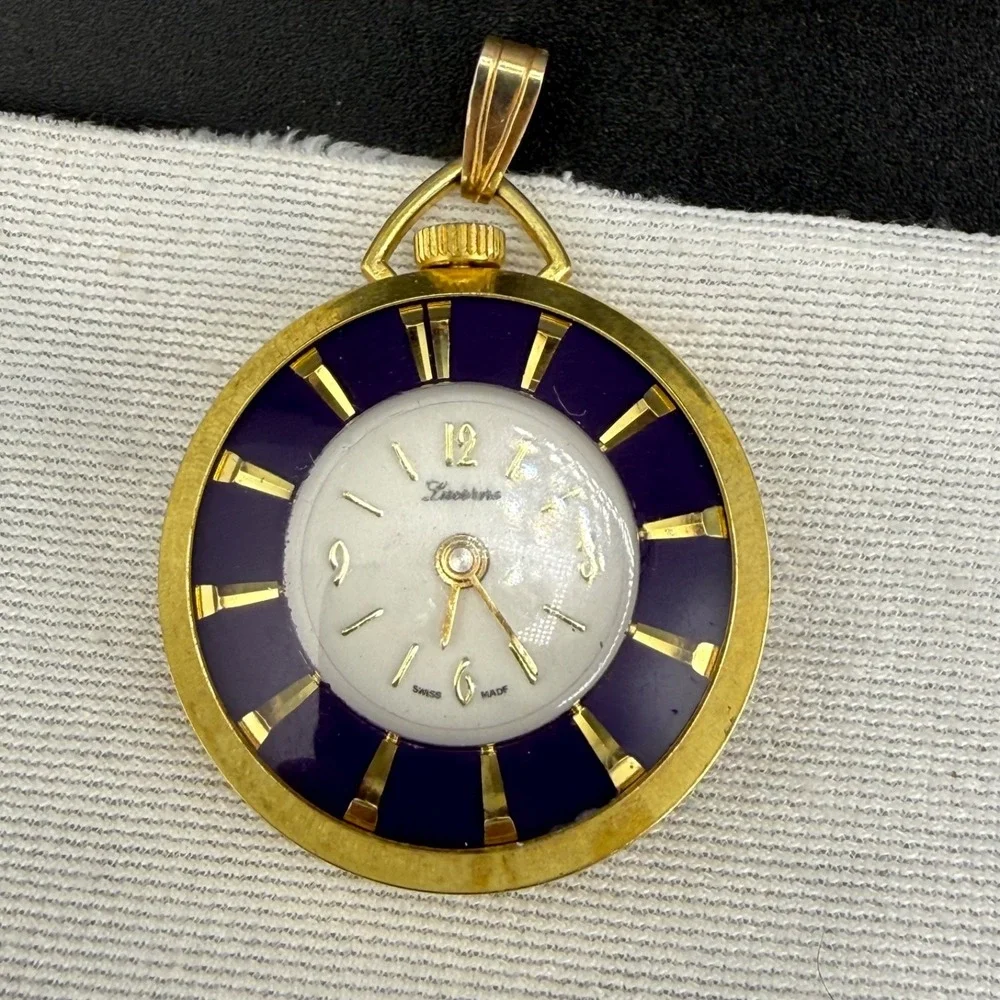 Vintage Lucerne Woman's Pocket Watch Gold Tone Blue Enamel Does Not Wind Or Tick